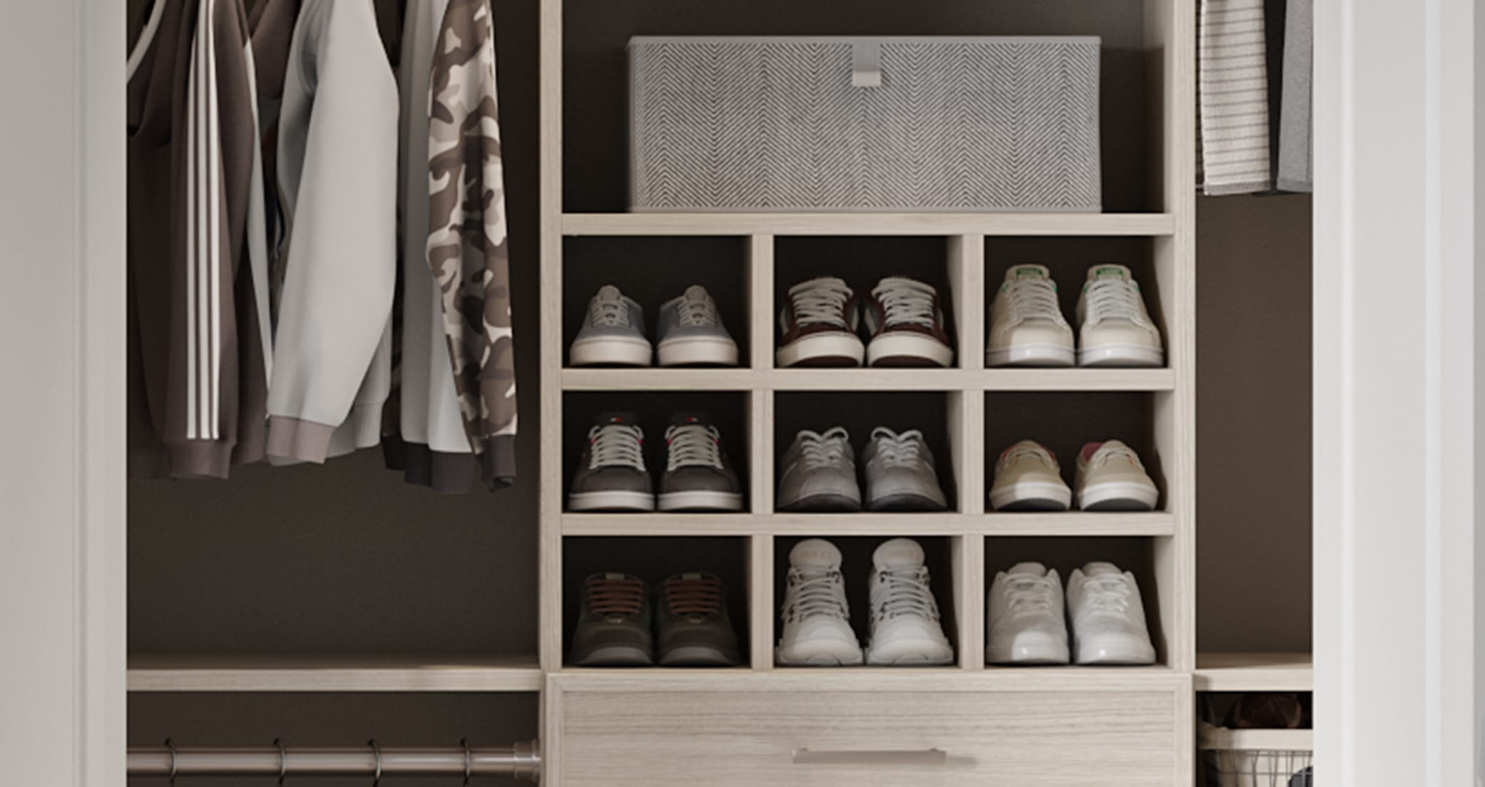 Custom shoe cubbies centered in closet in light wood grain finish by California Closets