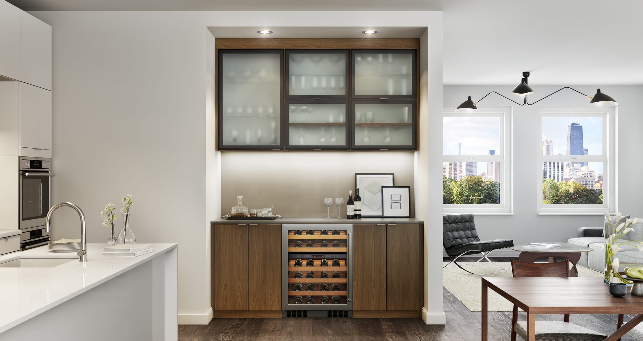 Kitchen pantry custom cabinets with wine storage and bar counter with stemware storage by California Closets