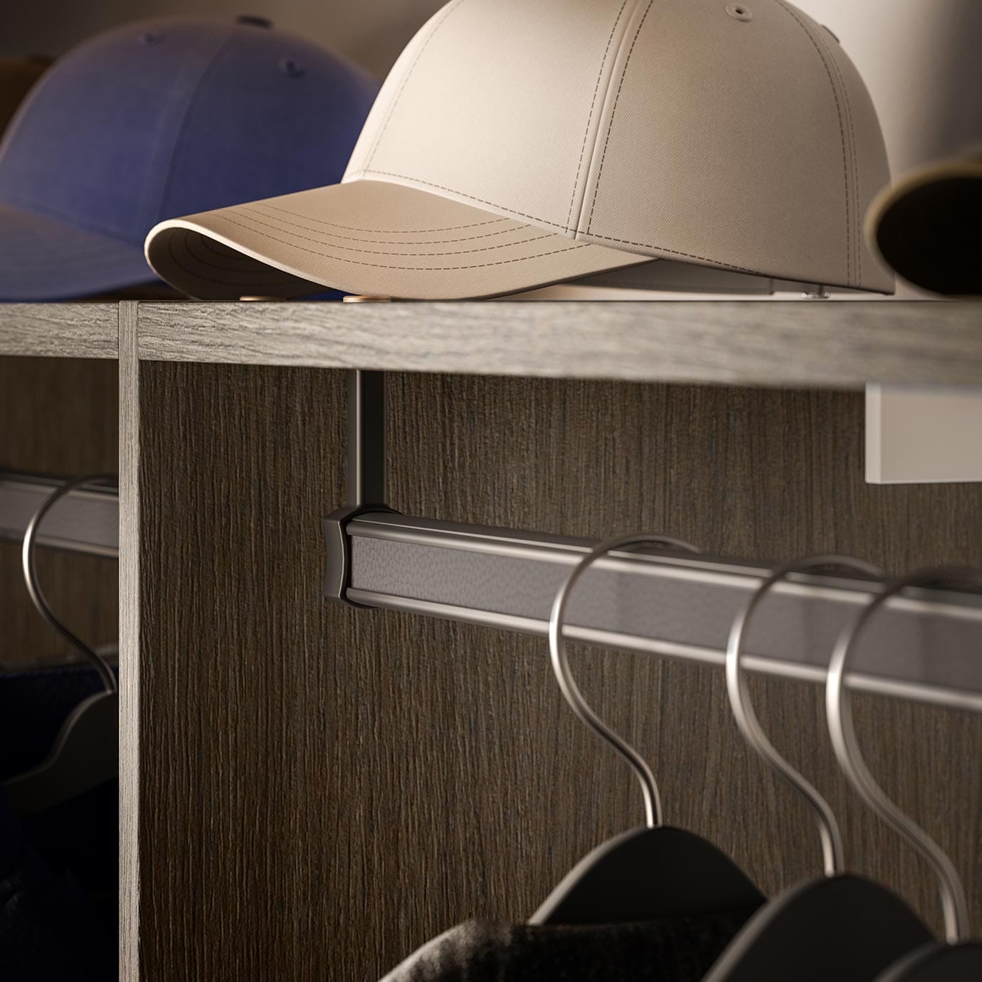 Closet shelf custom designed for hats in a dark wood finish custom made by California Closets