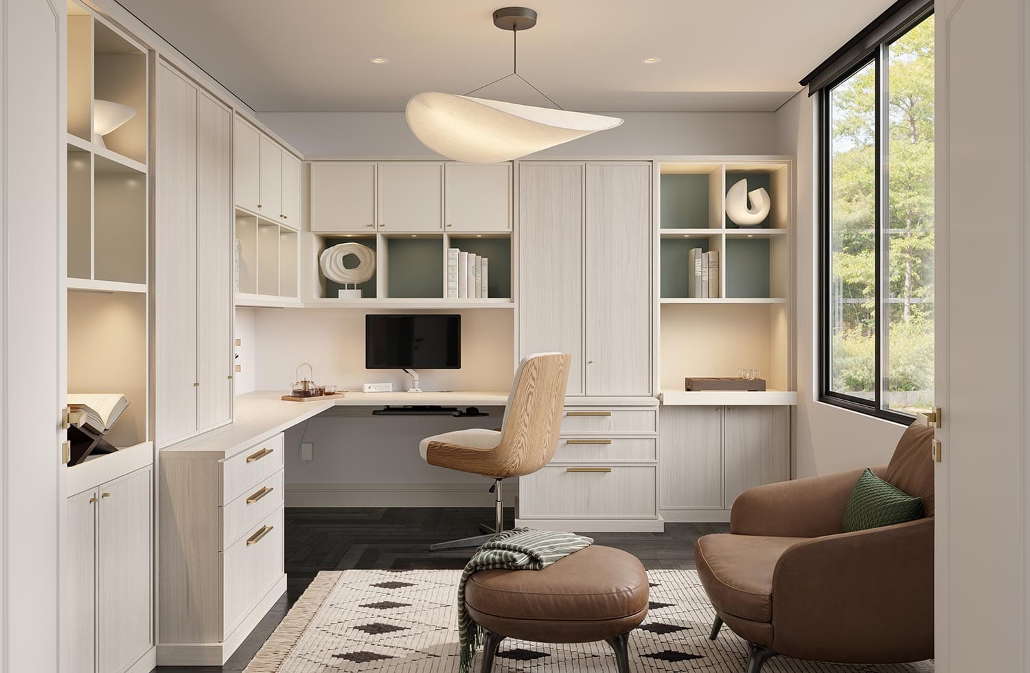 Custom home office with a lounge space made in a light grey wood finish by California Closets