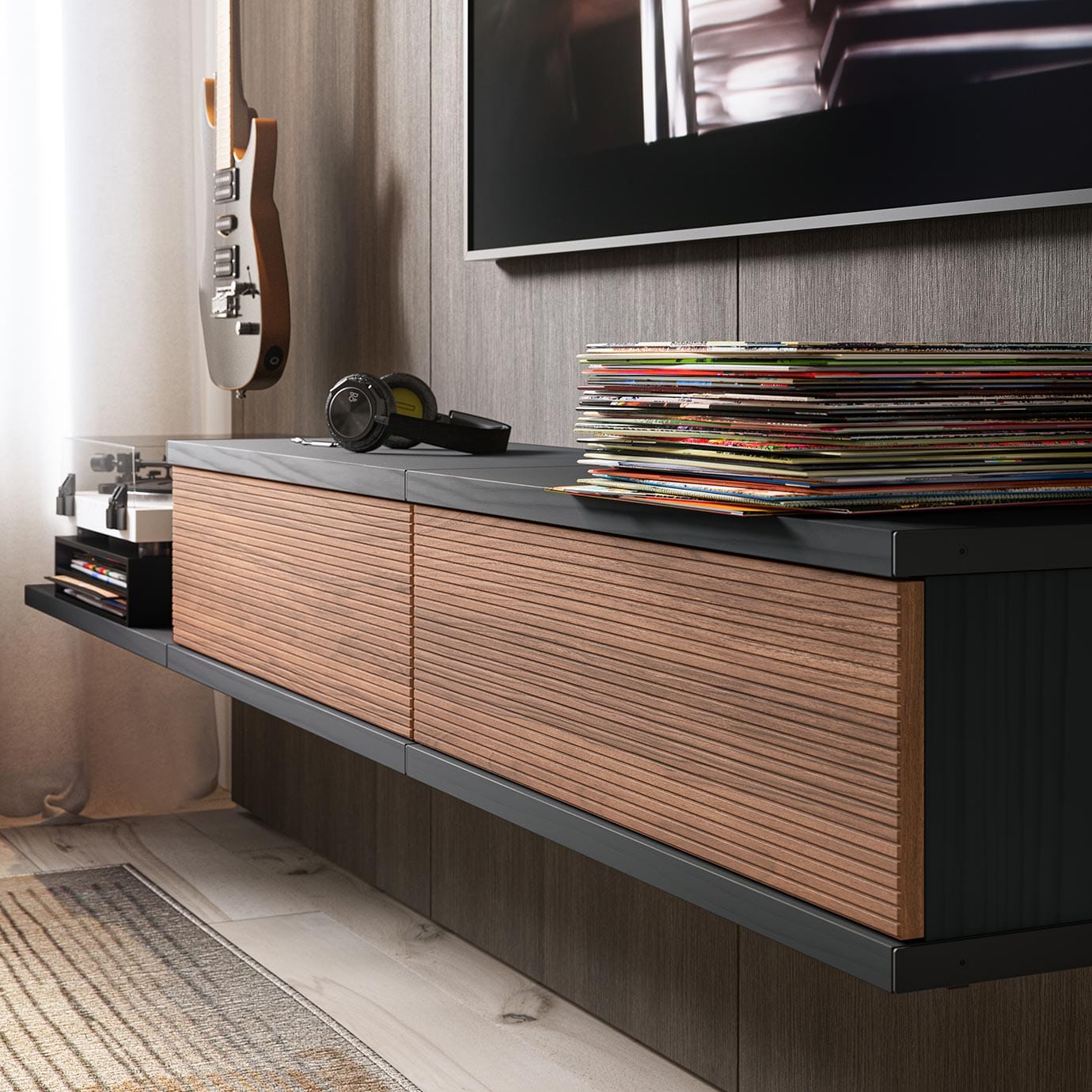 Media center floating storage design with drawers in a wood finish California Closets