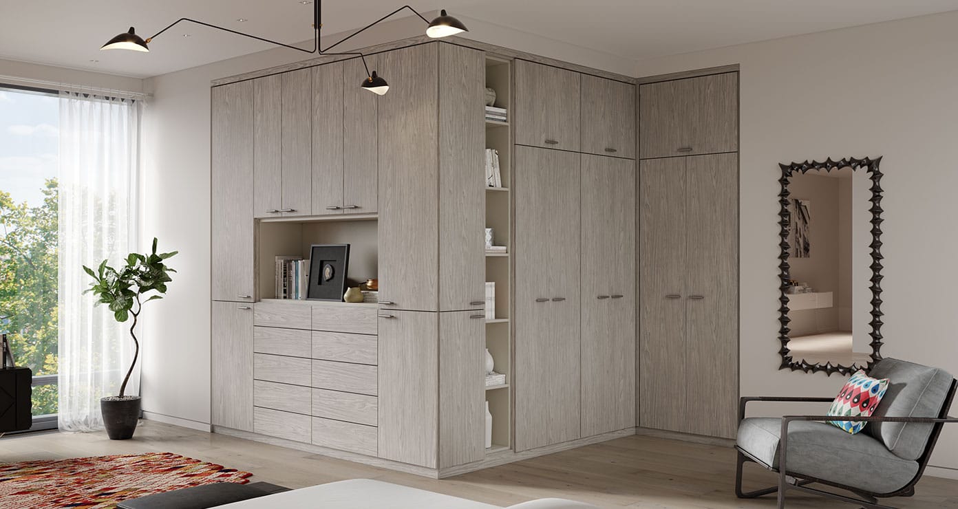 Wardrobe cabinet storage in light grey finish with open shelving by California Closets