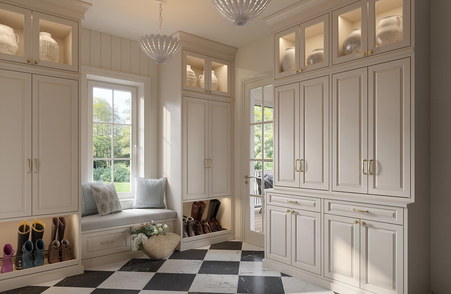 Custom mudroom accessories with storage area and cabinets by California Closets