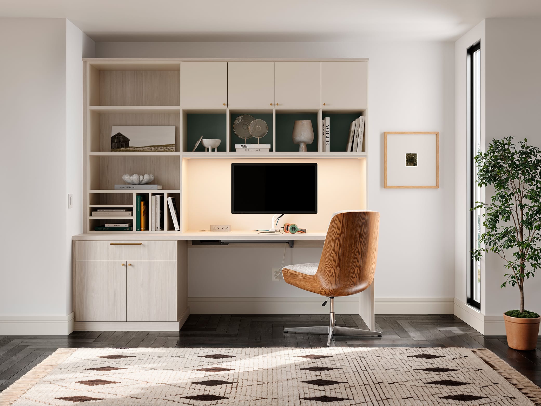 Floor mounted desk in home office with custom cabinets and shelving from California Closets