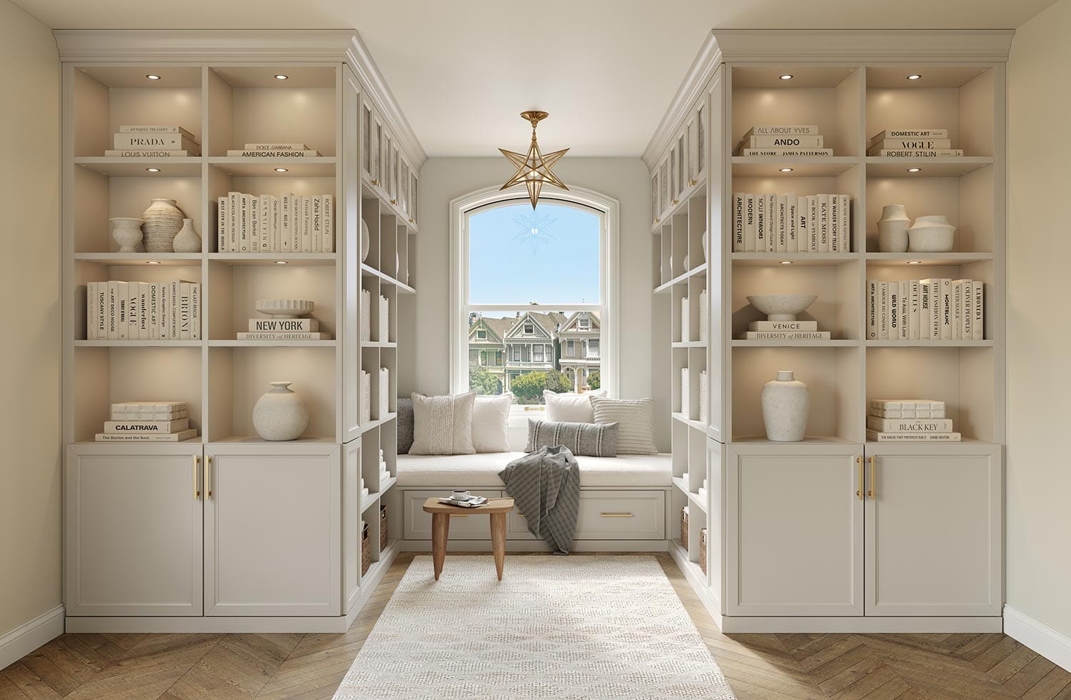 Light and airy library nook with custom bookshelves and bench seat in white finish by California Closets